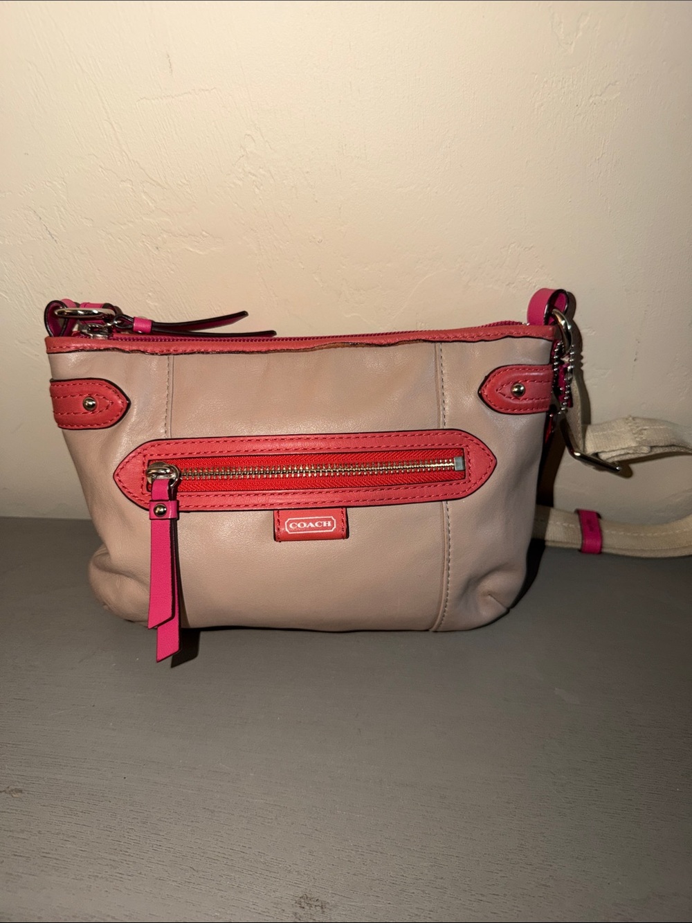 Coach Beige Leather Crossbody with Pink Trim